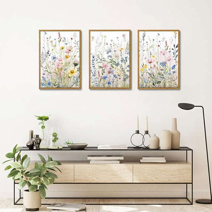 Bwodke Wildflower Wall Art Watercolor Botanical Floral Colorful Canvas Prints Set of 3 Modern Minimalist Flower Pictures Decor Painting Bedroom Bathroom Living Room Nursery 12"x16" Framed