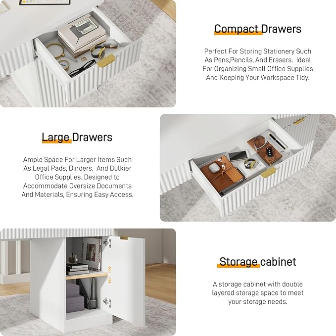 60" Executive Desk with Fluted Drawers, Wood Home Office Desk with Storage Cabinet, Fluted Reversible Computer Writing Desk for Study, Living Room,White
