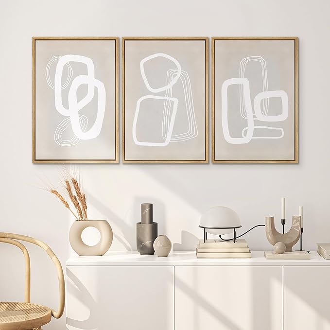 SIGNWIN Framed Canvas Print Wall Art Set Mid-Century Geometric Polygon Variety Abstract Shapes Cozy Neutral Decorative Contemporary Minimal for Living Room, Bedroom, Office - 24"x36"x3 Natural