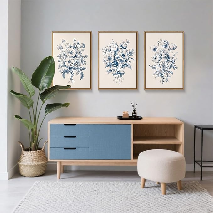 KAIRNE Blue Floral Wall Art Set of 3, Vintage Botanical Flower Framed Canvas Prints, Blue and White Chinoiserie Flower Artwork Decor for Living Room, Bedroom, Office - 16×24 inch