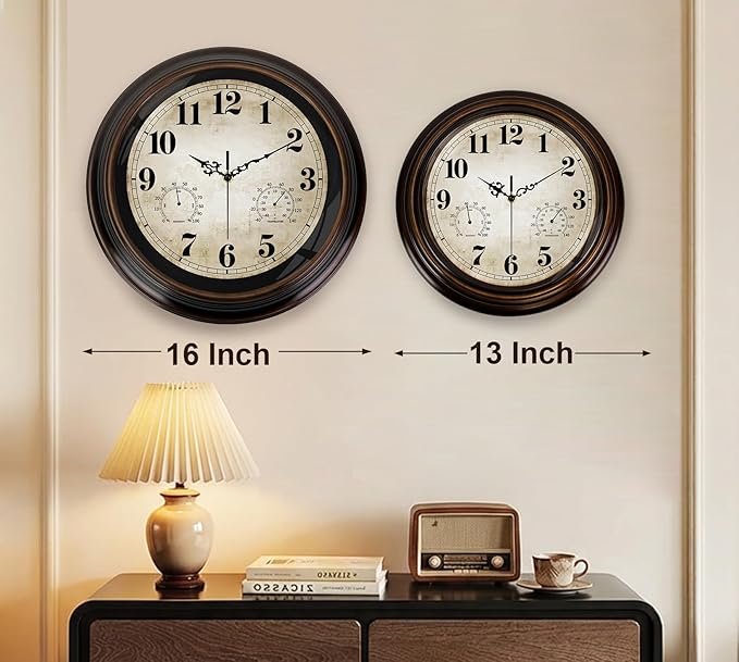 Vintage Wall Clock 13 Inch Quartz Silent Non-Ticking Analog Clock with Thermometer and Hygrometer, Battery Operated Rustic Round Decorative Clock for Living Room Kitchen Home Office