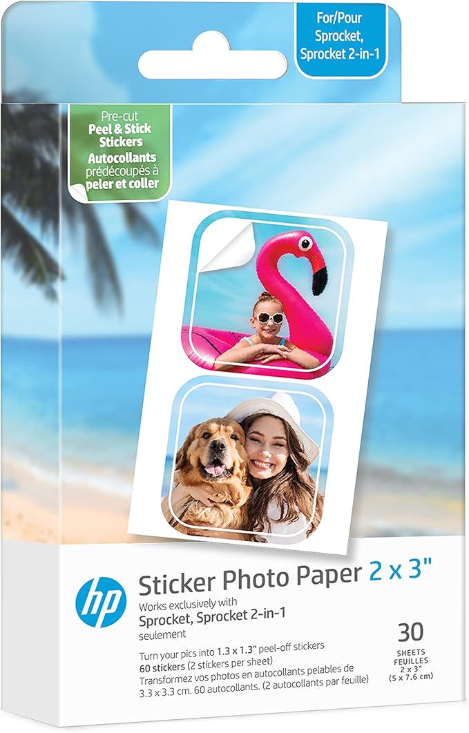 HP Sprocket 2x3” Premium Zink Pre-Cut Sticker Photo Paper, 30 Sheets, Compatible with HP Sprocket Photo Printers