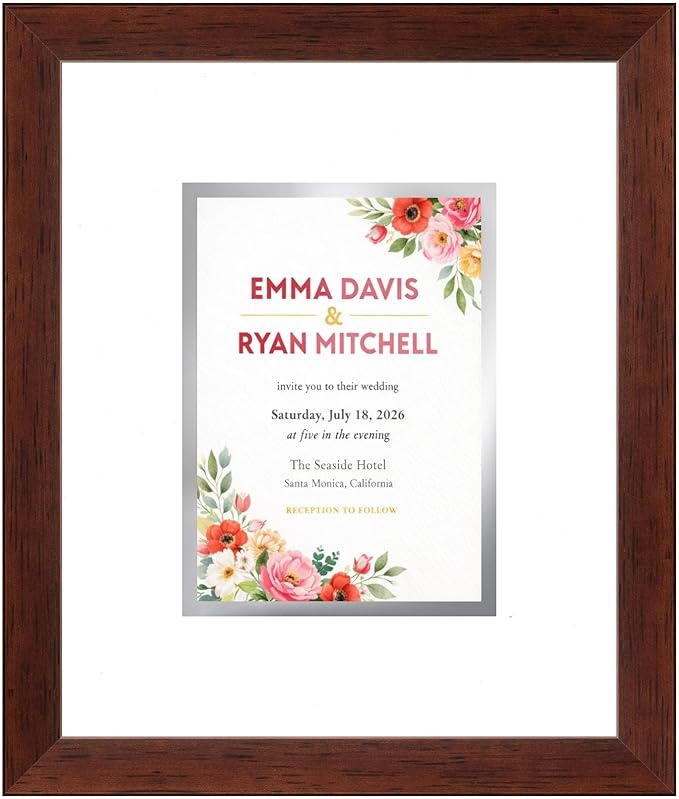 Invitation Picture Frame Brown With Double Mat White Over Metallic Silver for 5.5x7.5 Boutique Keepsake Made in the USA