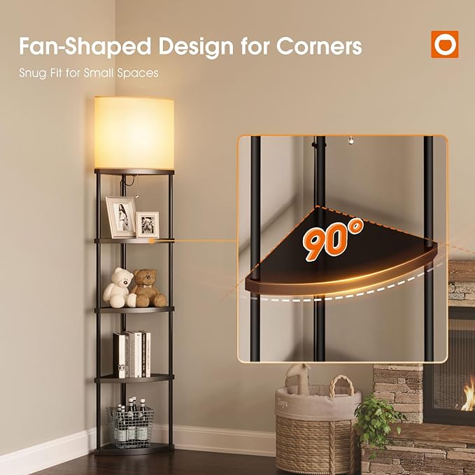 addlon Floor Lamp with Shelves, 5-Tier Adjustable Corner Lamp with 3 Color Temperatures & Linen Shade, Modern Floor Lamps for Living Room, Home Office & Bedroom (E26 LED Bulb Included, 800lm) - Black
