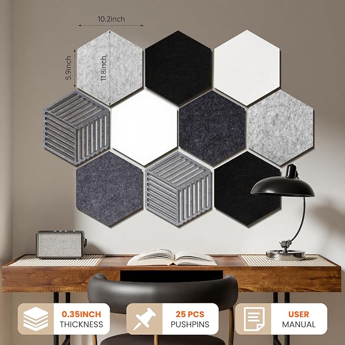Hexagon Cork Bulletin Boards for Walls Decor, 10 Pack Felt Board Tiles with 25 Push Pins, Photo Display Board for Office & Home Classroom DIY Decor