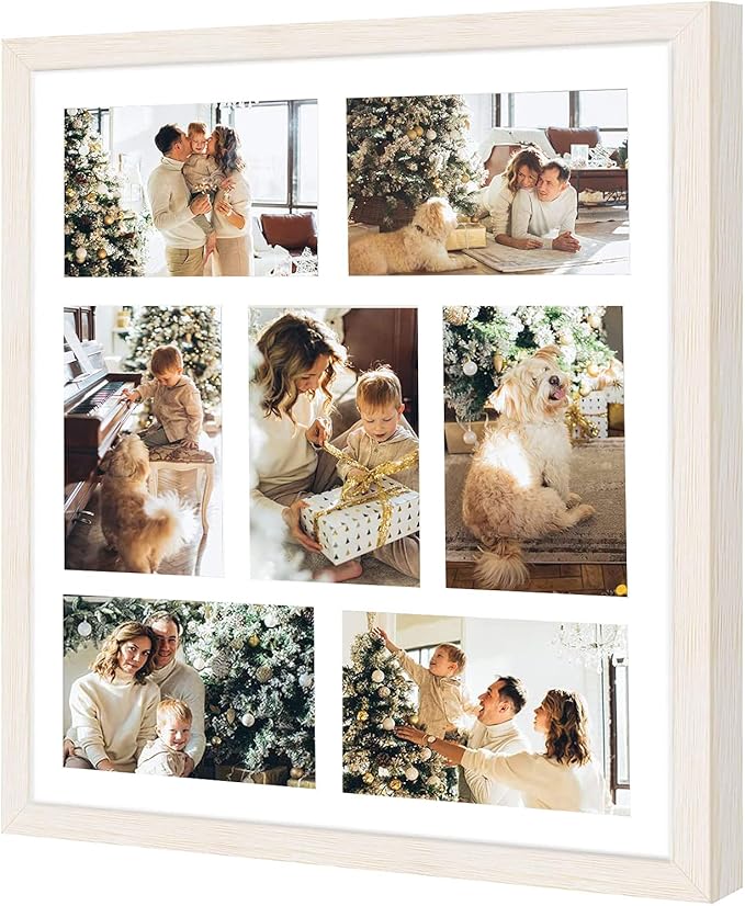 Golden State Art, 13.7x15.7 Distressed White Wood Collage Frame - White Mat - Displays Seven 4x6 Photos - Real Glass, Sawtooth Hanger, Swivel Tabs - Wall Mounting, Landscape, Portrait