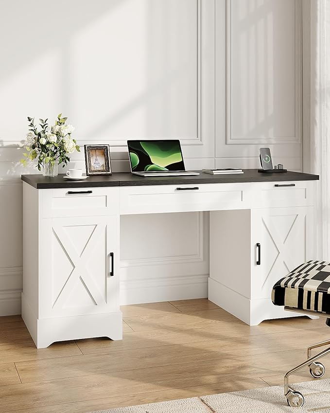 HOPUBUY Farmhouse Executive Desk with File Drawers,Wood Home Office Desk w/Charging Station,Adjustable Storage Cabinets,White Computer Writing Desk for Work,Study