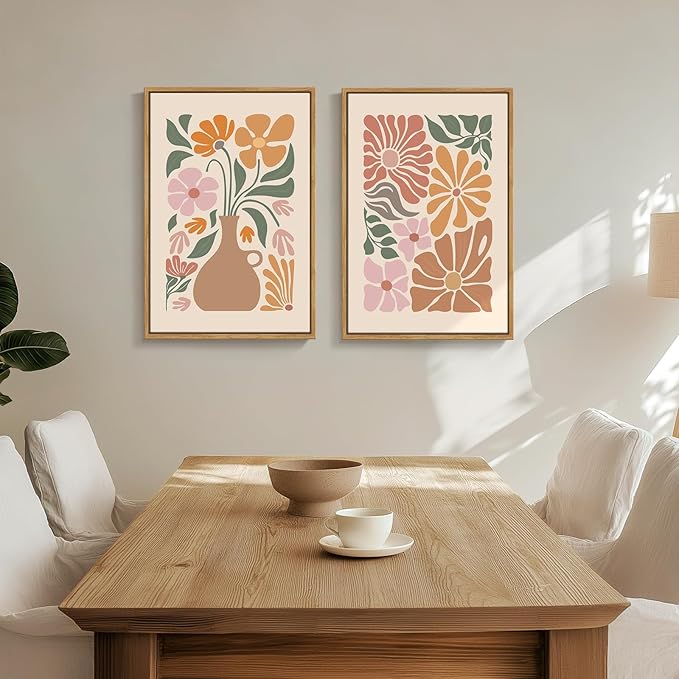 Framed Boho Floral Botanical Wall Art for Room Decor, Set of 2 Abstract Neutral Flower Canvas Print Artwork for Walls, Bohemian Mid Century Modern Wall Decor for Living Room Bedroom Office, 20x30 Inch