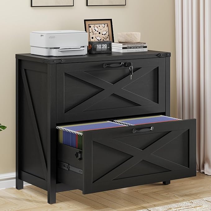 Farmhouse File Cabinet, Lateral Filing Cabinet with 2 Drawers with Lock for Letter/A4 Size Hanging Files, Large Wooden Printer Stand File Storage Cabinet for Home Office, Rustic Black