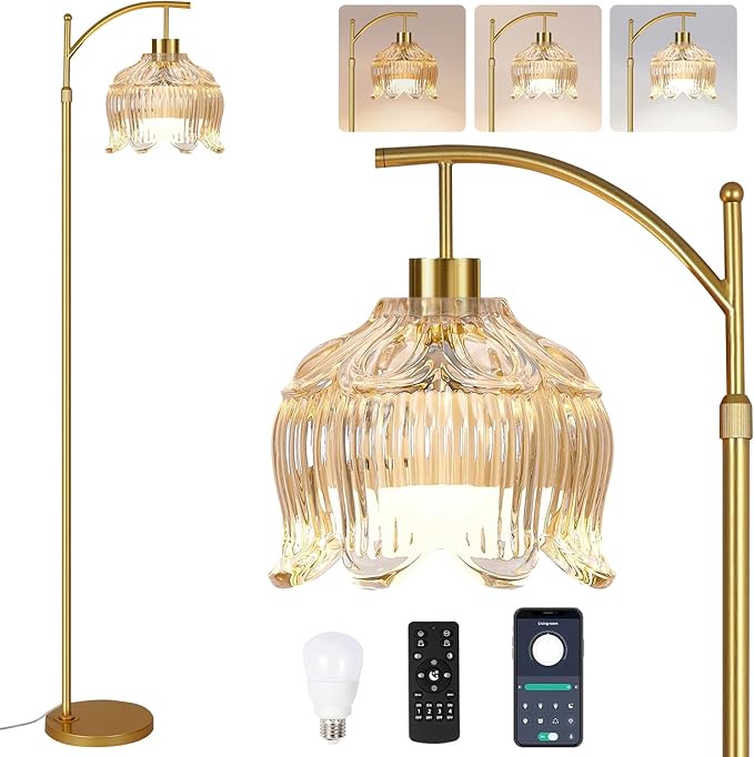Floor Lamp for Living Room,Bedroom,Gold Dimmable Standing Lamp with Remote,Mid Century Modern Brass Tall Lamp Boho Floor Lamps Arc Stained Glass Tulip Flower Floor Light Lamp Girls Bohemian