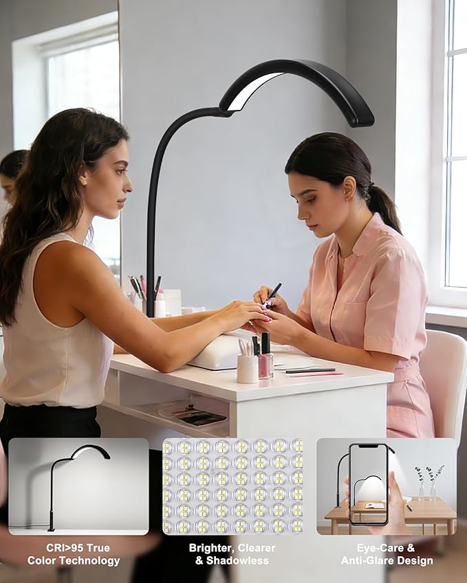 Half Moon Light for Nail Desk, Professional Shadowless LED Manicure Lamp with Clamp for Nail Techs. 10 Dimmable Modes, Eye-Caring Light for Nail Art, Gel Polish, Acrylics. Compact & Space-Saving