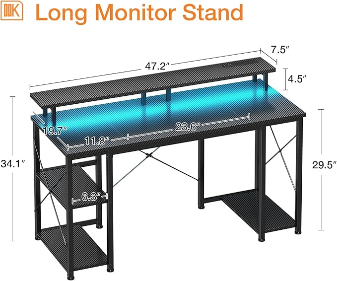 ODK 48 inch Computer Desk with Power Outlets & LED Lights, Gaming Desk with Monitor Stand & Storage Sheves, Home Office Desk, Carbon Fiber Black