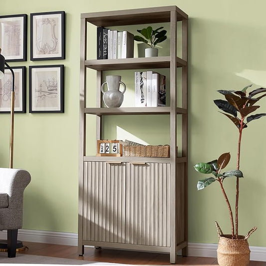 Oxford Bookshelf, Tall Book Shelf with Doors Cabinet, 5-Tier Bookcase, Wooden Bookshelves with Fluted Panel, Large Bookcases with Storage for Living Room Bedroom (Gray Oak, 1PCS)