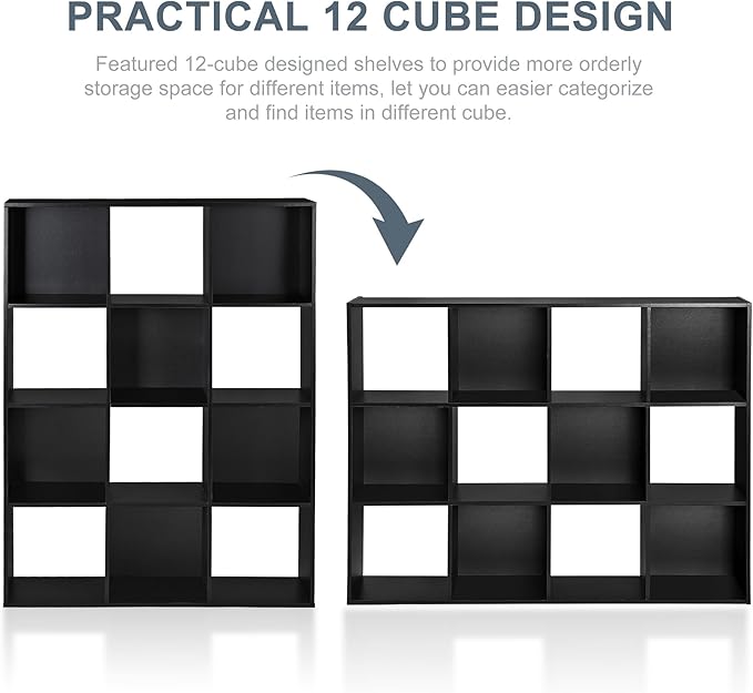 SUPER DEAL 12 Cube Storage Organizer, Open Shelf Bookcase, Wood Cubical Shelves Closet Cabinet Display Unit with 6 Removable Back Panels for Living Room Bedroom, 47 inch Wide, Black