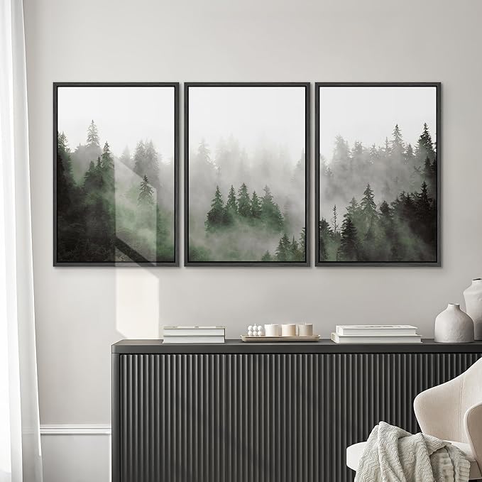 SIGNWIN Framed Canvas Print Wall Art Woodland Nursery Decor Set Fog & Mist Over Green Pine Tree Forest Nature Wilderness Modern Art Chic Landscape for Living Room, Bedroom, Office - 24"x36"x3 Black
