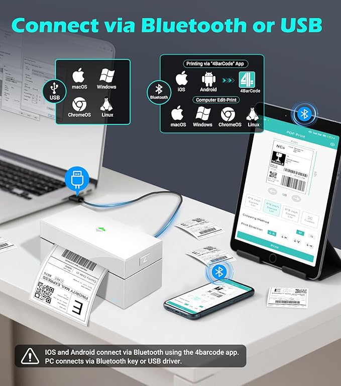ORGBRO Bluetooth Thermal Shipping Label Printer, Z1-Plus Wireless 4X6 Shipping Label Printer for Small Business Office or Home Support iPhone Android Windows macOS Chrome Amazon Shopify USPS