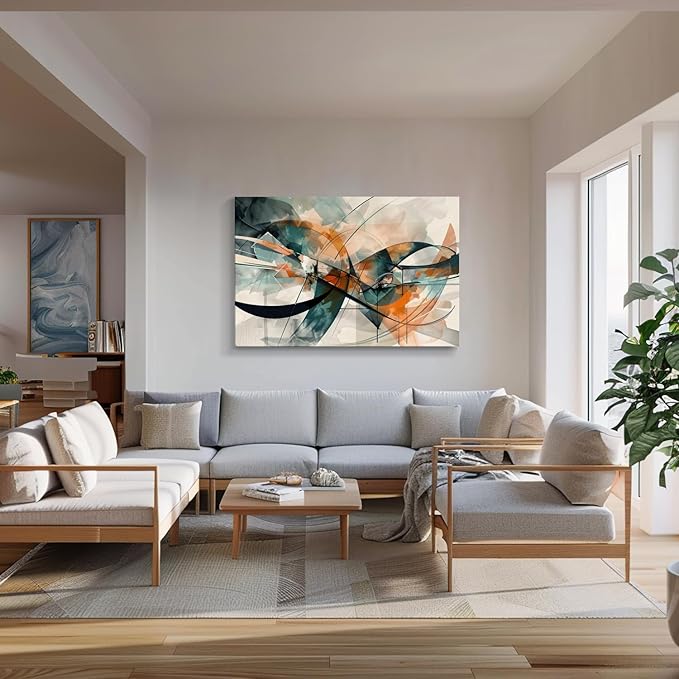 gaosoul Modern Abstract Canvas Wall Art Graffiti Artwork in Cyan and Orange Colors Framed Elegant Morandi Color Painting Prints for Living Room Bedroom Office Decor 48x32in