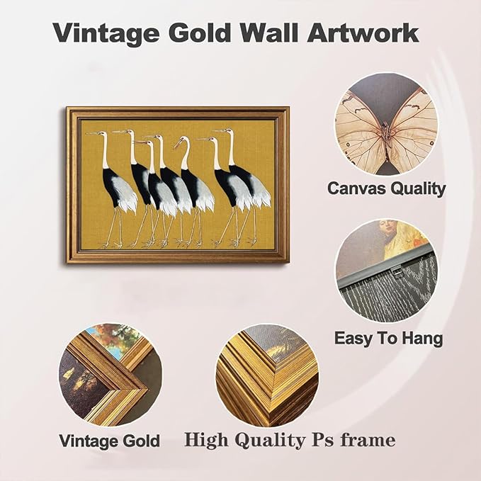 Gold Framed Wall Art Vintage Canvas Wall Art Seven Cranes Animals Artwork Artwork Prints Picture for Living Room Bedroom Farmhouse Bathroom Office Decor, 16x24