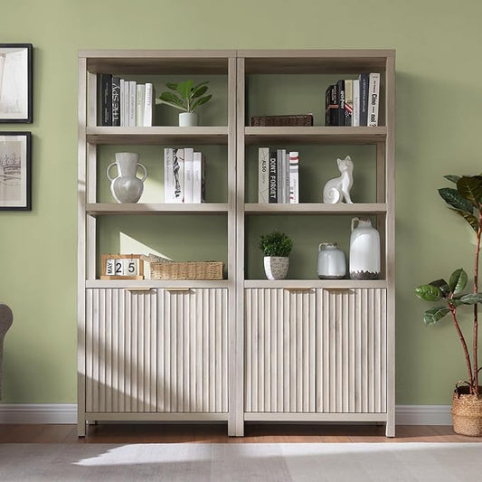 5 Tier Bookshelf with Storage, 70" Tall Bookshelf with Doors Cabinet, Fluted Wood Bookshelf, Large Farmhouse Bookcases for Living Room Bedroom Home Office Library (Gray Oak, 2PCS)