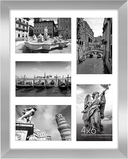 Americanflat 4x6 Collage Picture Frame with Shatter-Resistant Glass - Fits Five 4x6 Photos or Use as One 11x14 Picture Frame - Signature Collection - Collage Frames for Wall Display - Silver