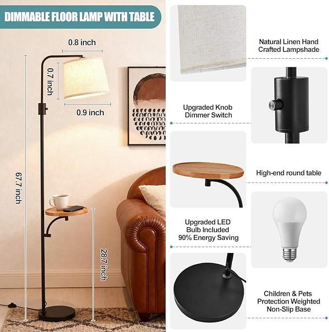 Corner Floor Lamp with Table, Black Modern Standing Lamp with Shelf, Dimmable Arc Tall Side Table with Lights for Living Room Bedroom Office with Adjust Head, Rotary Switch，LED Bulb Included