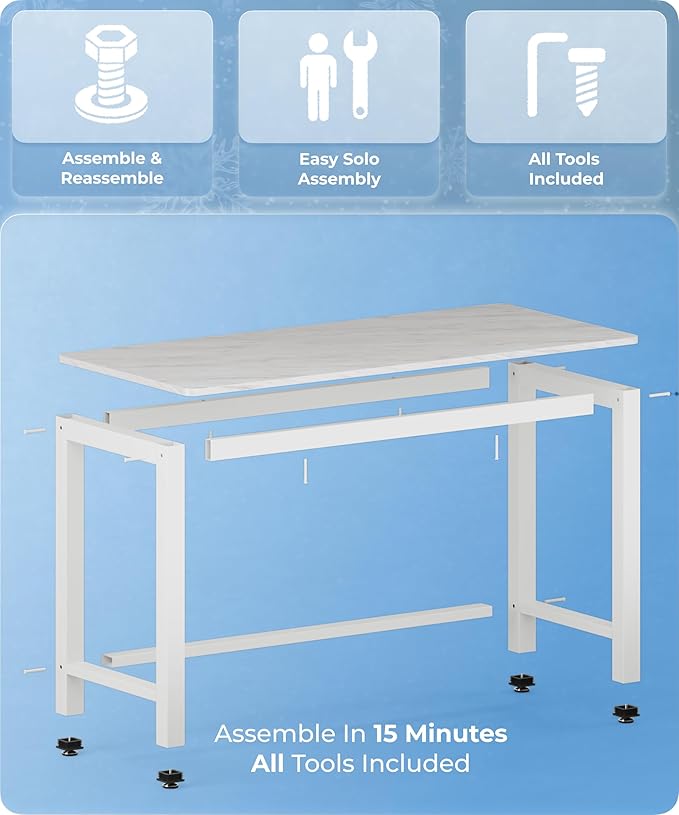 51" Home Office Desk Modern Computer Desk 51.2x23.6x29.5 inches PC Table with Thicken Frame Industrial Style Sturdy Metal Frame Furniture for Writing Gaming Marble White+White