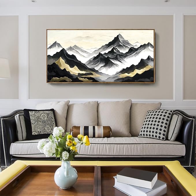 amatop Mountain Landscape Wall Art, Large Framed Modern Abstract Black and White Canvas Print – Zen Minimalist Nature Artwork for Office Wall Decor, Living Room & Bedroom (48x24 Inch)