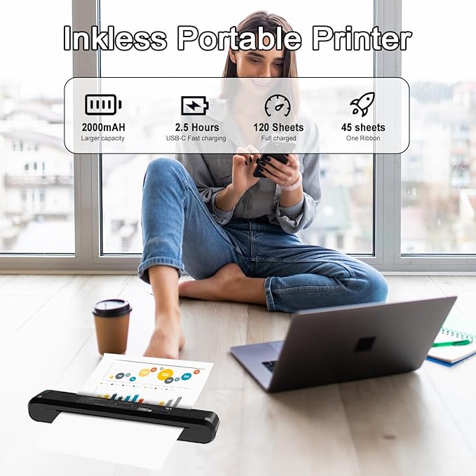Portable Printers Wireless for Travel - 320 DPI Bluetooth Thermal Printer Support 8.5x11 US Letter & A4 Regular Copy Paper, Inkless Printer Compatible with Mobile & Laptop for Office Home