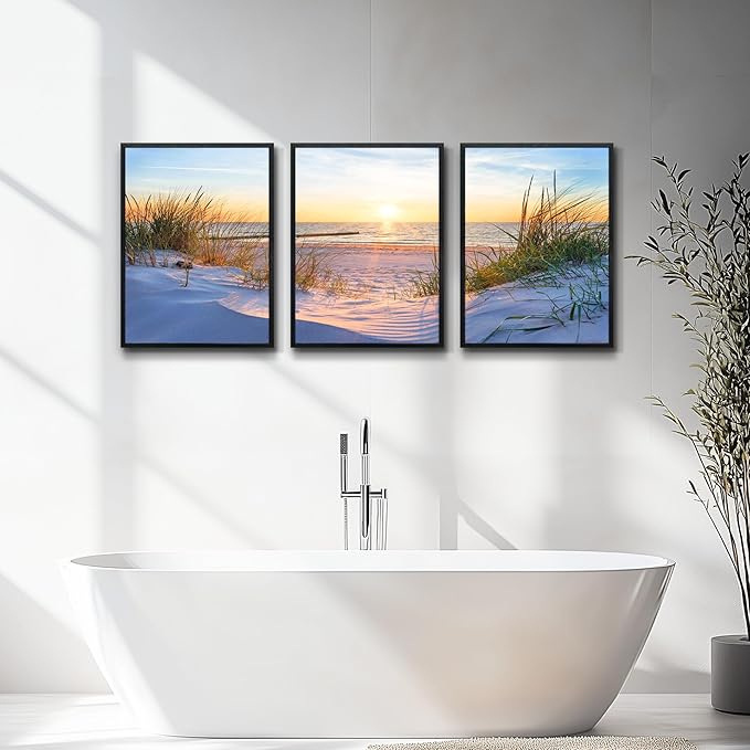 Black Framed Beach Wall Art Set - Blue Seascape Paintings for Living Room, Bedroom & Office - 12"X16" Each