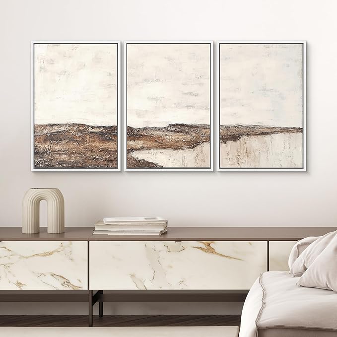 SIGNWIN Framed Canvas Print Wall Art Set Rustic Earth-Tone Horizon Abstract Landscape Illustrations Modern Art Decorative Nordic Abstract for Living Room, Bedroom, Office - 16"x24"x3 White