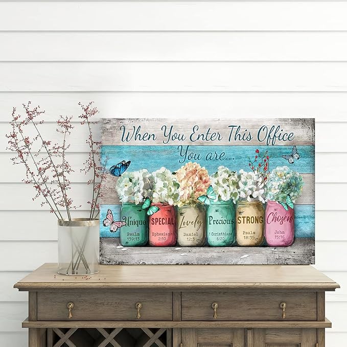 Parylore Inspirational Wall Art for Office Canvas Print Wall Decor, When You Enter This Office Painting, Marson Jars With Butterflies Picture Framed Modern Artwork for Office Home Decor 12x16 In