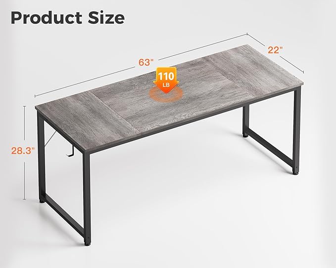 Casaottima 63 Inches Small Computer Desk, Work Study Table for Home Office, Kids Student Writing Desk with Headphone Hooks, Grey