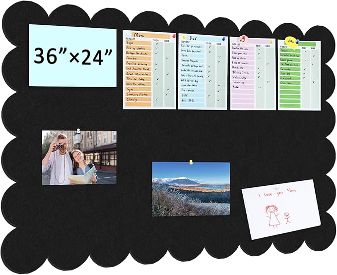 Black Scalloped Felt Bulletin Board - 36 x 24 Inches Large Felt Board Foldable Cork Board Alternative Photo Board Self-Adhesive Vision Board Decorative Pin Board for Wall