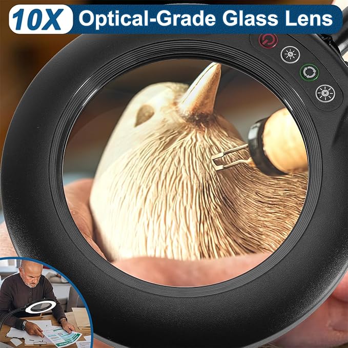 10X Magnifying Glass with Light, Real Glass Lens, 5 Color Modes Dimmable, Flexible Gooseneck Lighted Magnifier with Stand, LED Desk Lamp Hands Free for Crafts Painting Sewing Reading Close Work