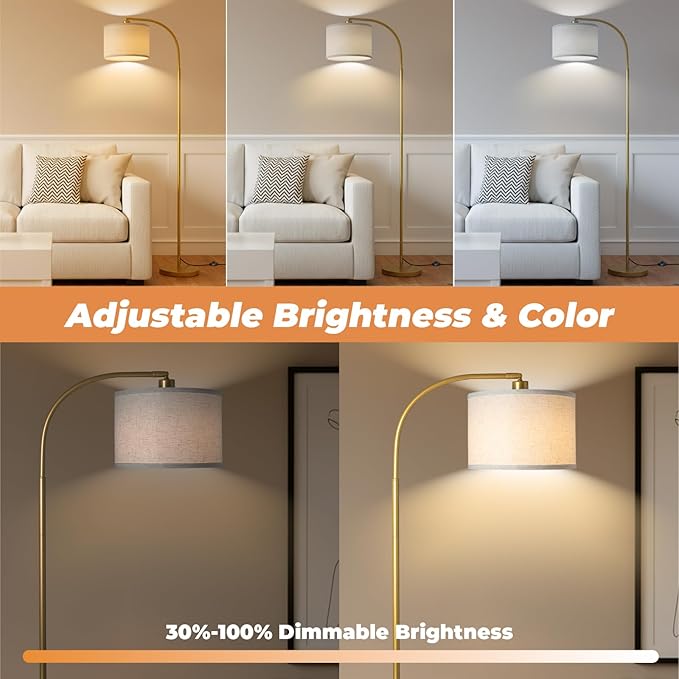 Arc Floor Lamps for Living Room, Modern Standing Lamp with Remote Dimmable Floor Lamp with Linen Shade, Tall Lamp for Bedroom Office Dining Room (Gold)