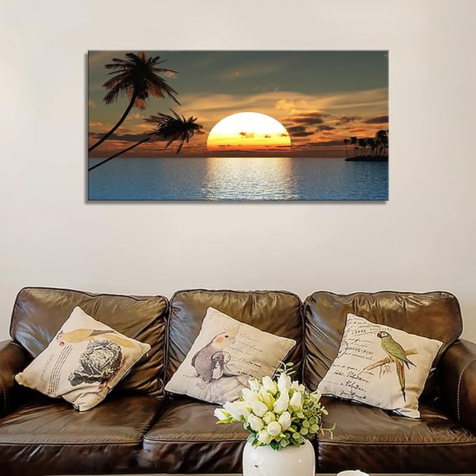 DZL Art S75662 Sunset Coconut Palm Trees Canvas Wall Art Palm Trees on the small island Tropical Scenery Nature Canvas prints Pictures for Living Room Home Office Wall Decor Artwork