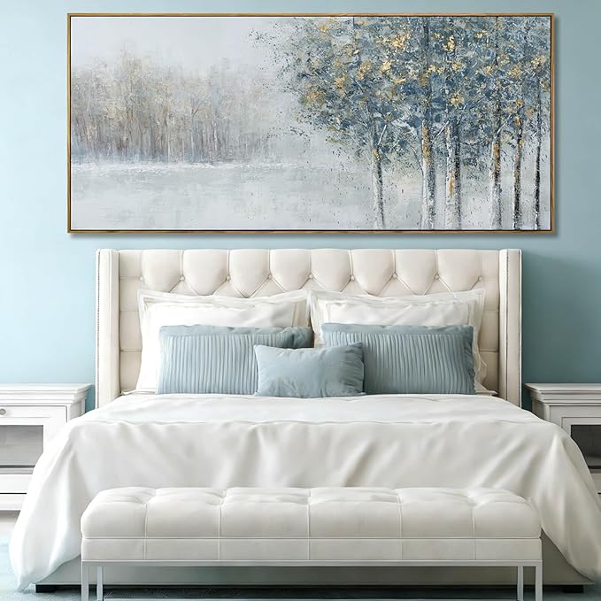 ZENPEE Blue Abstract Wall Art and Grey Tree Textured Forest Scene, 32x71 Oversized Canvas Wall Decor for Living Room Bedroom Entryway
