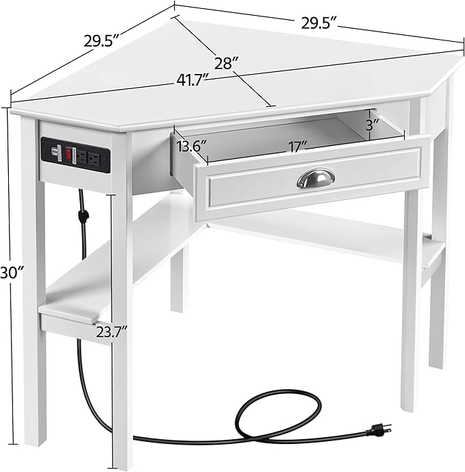 Yaheetech L Shaped Corner Computer Desk with Power Outlets, Reversible Triangle Workstation with USB Ports and Hook for Small Space, Modern Home Office Desk Gaming Table with Drawer & Shelf, White