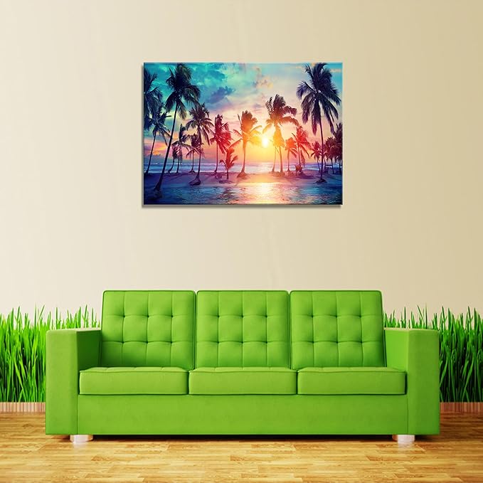 DZL Art S75569 Canvas Wall Art Palm Trees Silhouettes On Tropical Beach At Sunset Beach Seascape Painting Nature Pictures for Living Room Home Office Wall Decor Artwork