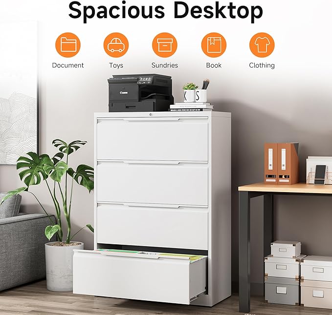 Coolsun Metal File Cabinet with Lock, 4 Drawer File Cabinet for Home Office, Lockable Lateral Filing Cabinet for A4/F4/Lagel/Letter Assembly Required (White, 4 Drawer Lateral)