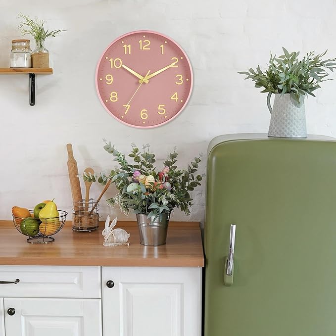Wall Clock 12 Inch Silent Wall Clocks Battery Operated-Modern Non Ticking Analog Clock Decorative for Kitchen Bedroom Office (Pink Gold)