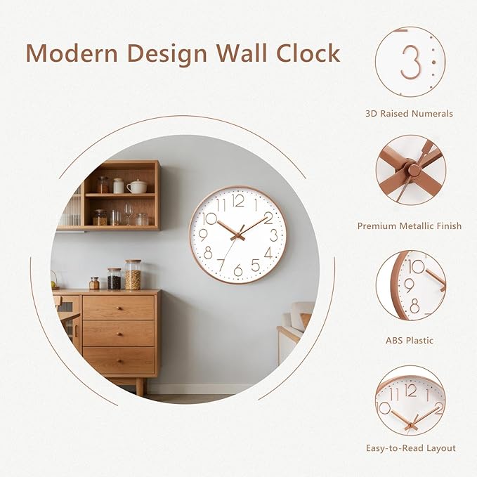 Wall Clock - 12 Inch Silent Non-Ticking Modern 3D Wall Clocks Battery Operated - Decorative Clock for Kitchen, Home Office, Bathroom, Bedroom, Living Room(Rose Gold)