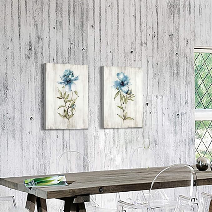 Hardy Gallery Blue Flower Canvas Wall Art: Botanical Floral Artwork Wildflower Picture Painting for Bedroom (24'' x 18'' x 2 Panels)