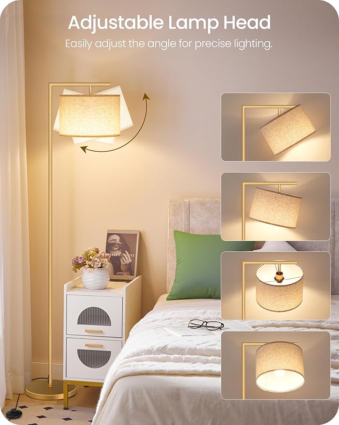 Modern Dimmable Floor Lamp for Living Room, Corner Tall Lamp with Fabric Shade, LED Bulb Included, Arched Reading Light with Remote Control and Foot Pedal, Beige and Gold DE11LD05