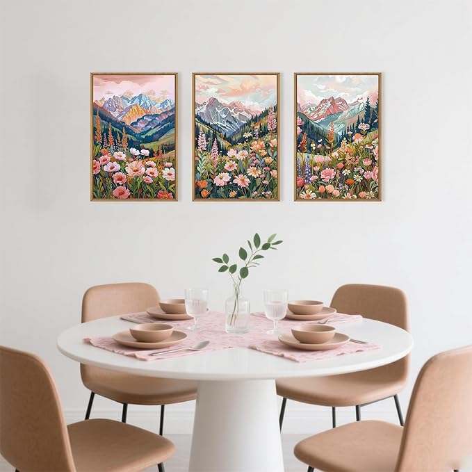 Aryroi Boho Vibrant Spring Mountain Wildflower Framed Canvas Wall Art Set,Colorful Natural Flower Forest Wall Decor,Modern Pink Floral Botanical Landscape Artwork for Living Room,Office,Farmhouse- 16"x24"x3