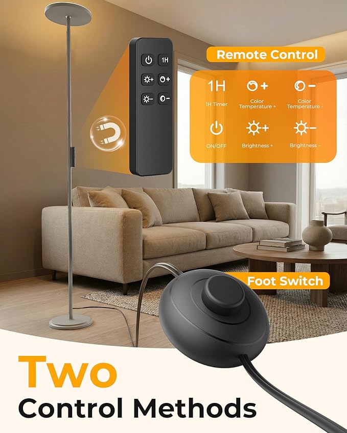 Floor Lamp for Bedroom,69" Tall Standing Lamp Remote & Foot Switch with 1H Timer, 2700-6500K Stepless Dimmable Modern Pole Light for Bedroom, Office, Reading, Sliver