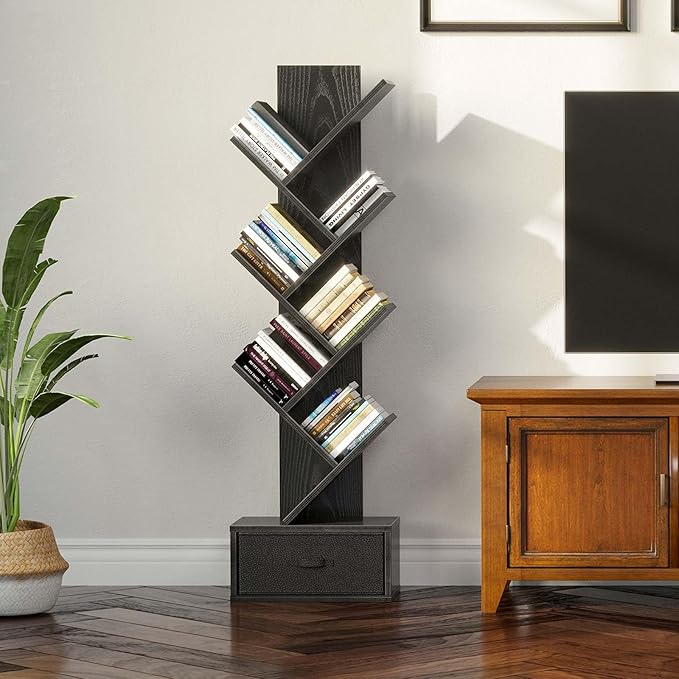Rolanstar 7 Tier Bookshelf with Drawer, Tree Bookshelf, Small Bookshelves with Storage Rack for CDs/Movies/Books, Standing Book Shelf, Tall Narrow Bookcase for Living Room, Bedroom, Black