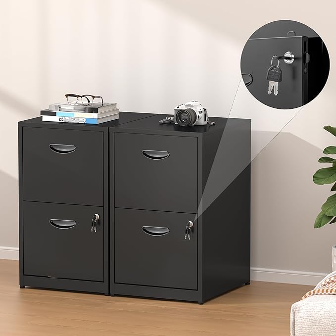 2 Drawer File Cabinet with Lock,Black Small Filing Cabinet for Home Office, Metal Vertical File Under Desk Cabinets for A4/Letter,Assembly Required