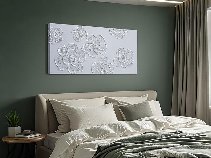 Arjun Flower Canvas Wall Art Textured Hand Painted Painting, Elegant Modern White Floral Picture for Living Room Bedroom Home Office Wall Décor, Large Framed Picture 40"x20"