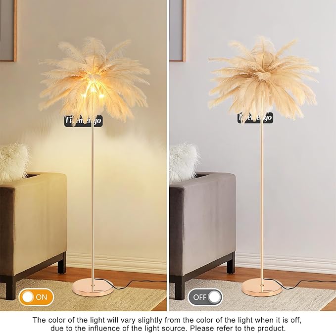 Feather Floor Lamp for Living Room, Fluffy Ostrich Feathers Lamp, Rose Gold Color Body, 3 Color Temperatures Modern Funky Arc Tall Standing Lamp for Bedroom Inclued Bright LED Bulbs (Khaki)
